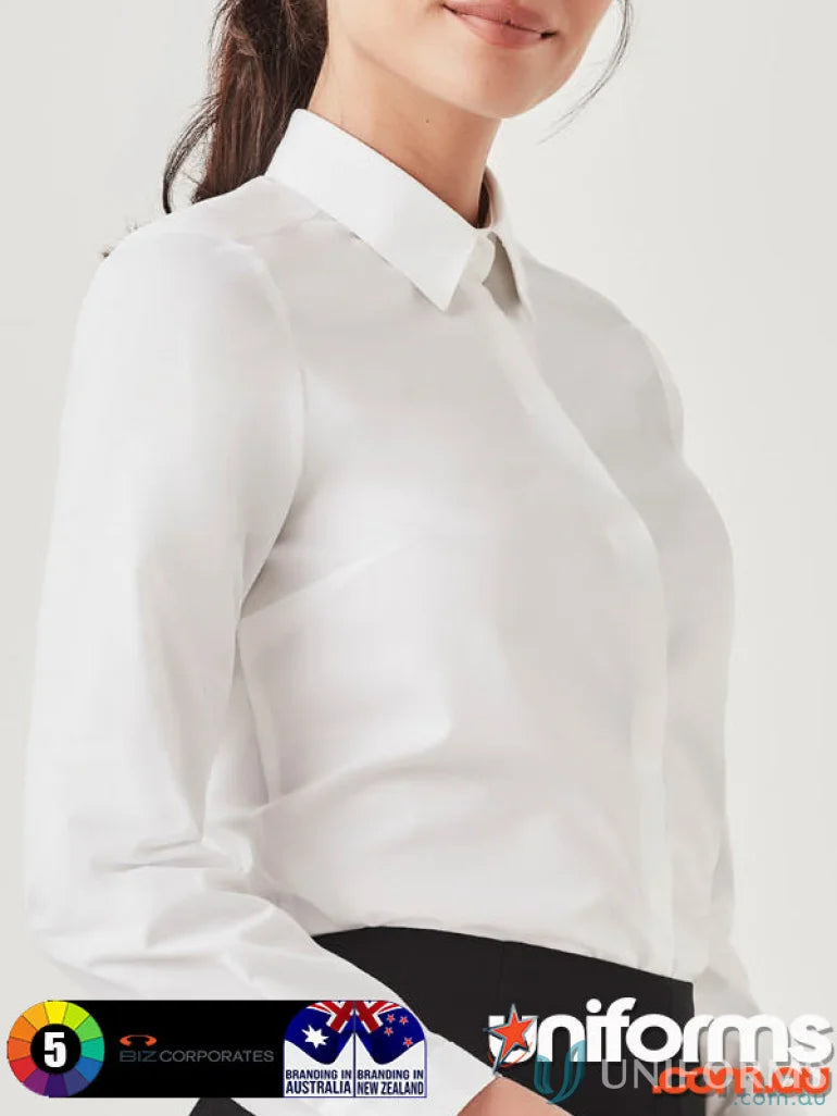 White long-sleeved collared shirt from Womens Charlie LS Shirt collection, perfect for women