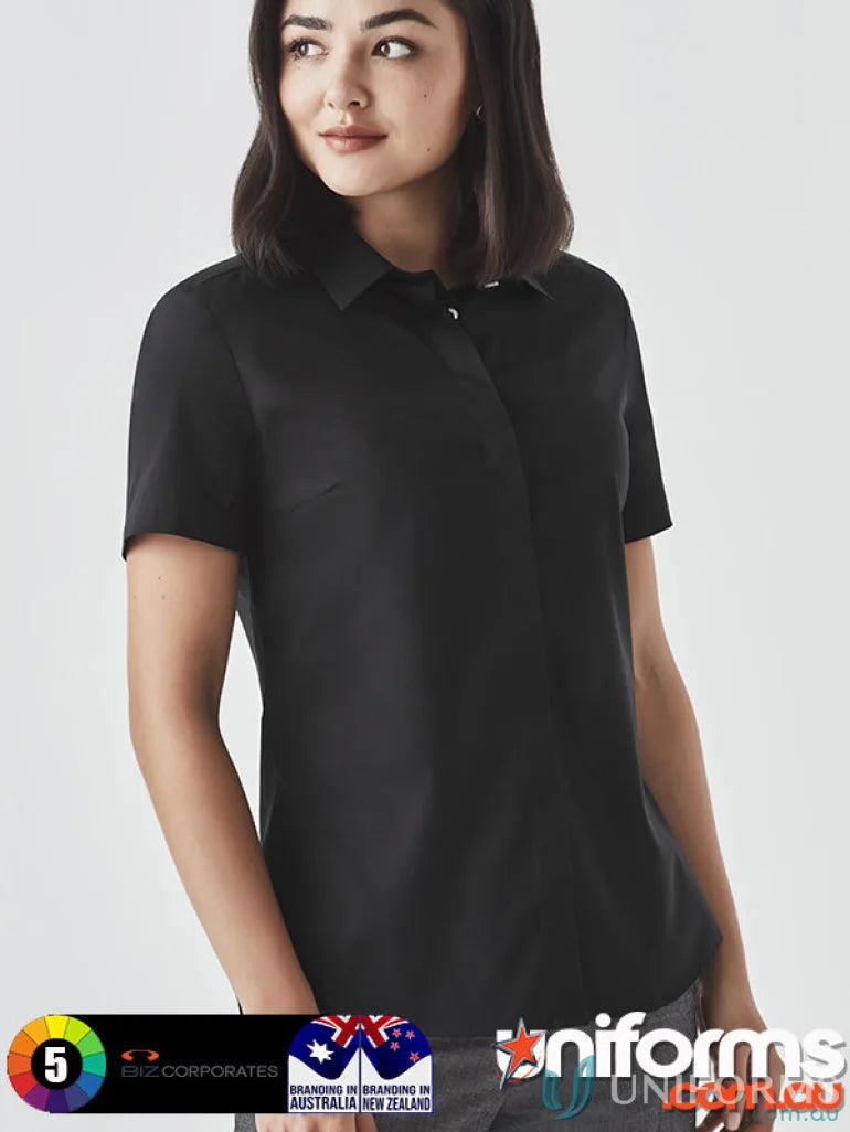 Women’s Charlie SS Shirt in black with hidden bust detail, perfect for casual look