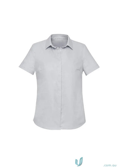 Gray short-sleeved collared women’s Charlie SS Shirt with hidden bust detail