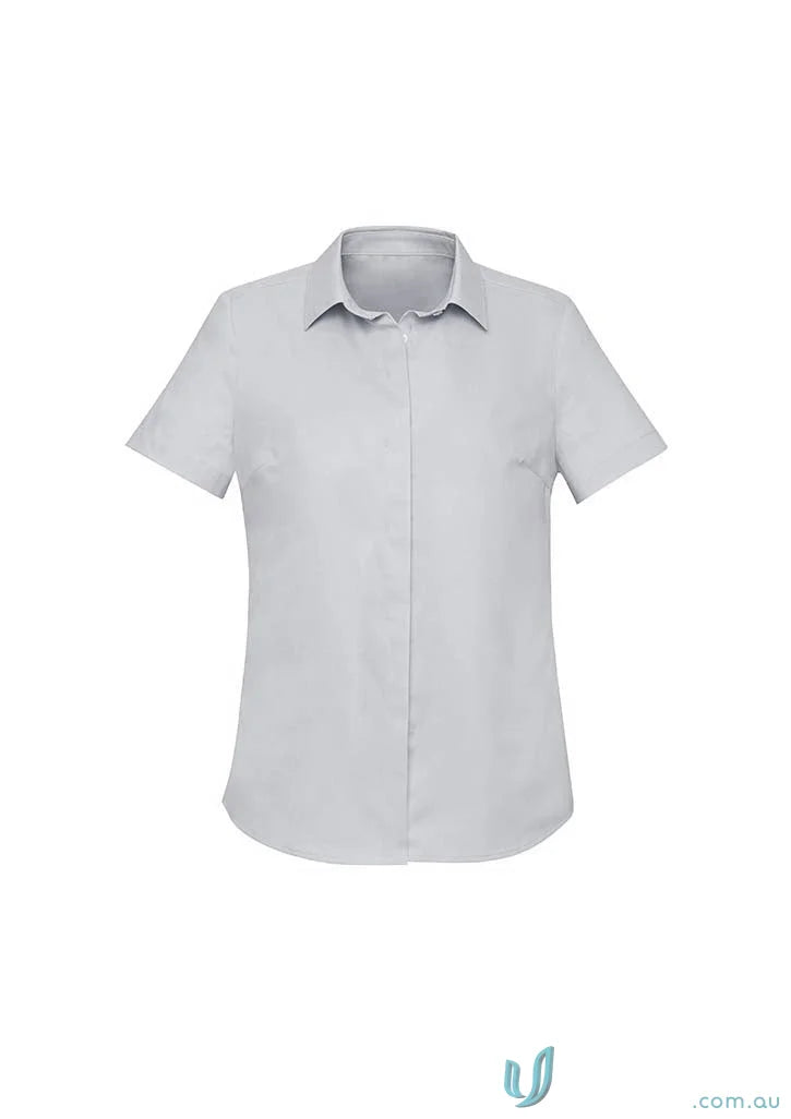 Gray short-sleeved collared women’s Charlie SS Shirt with hidden bust detail