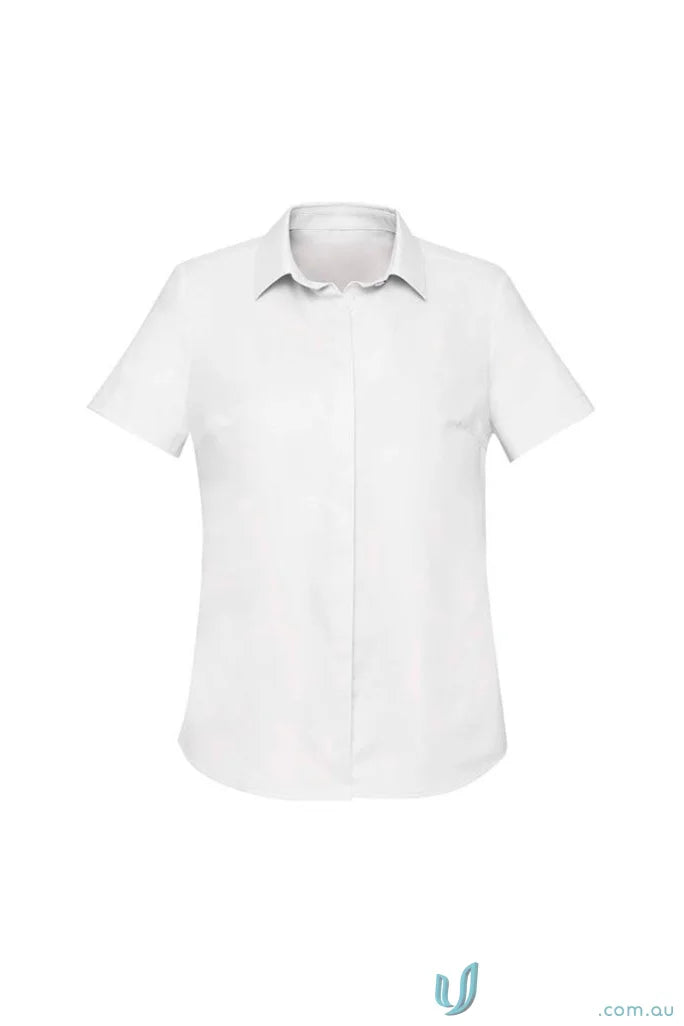 White short-sleeved collared women’s Charlie SS Shirt with hidden bust design