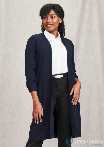 Women’s Chelsea long line cardigan RLC970L worn with white shirt and black pants