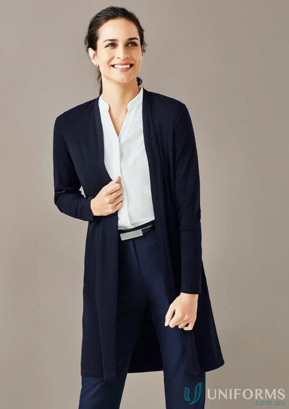 Women’s Chelsea Long Line Cardigan RLC970L styled with white shirt and navy trousers