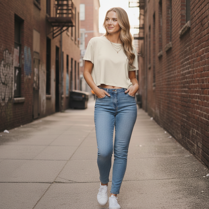Planett women’s classic cropped heavyweight tee with light blue denim jeans and white sneakers