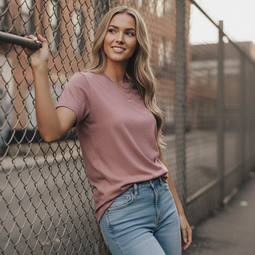 Mauve v-neck classic minus tee with jeans and gold necklace