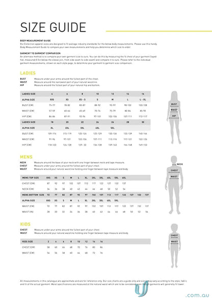 Size guide for Bizcare Comfort Waist slim leg pant in men’s, women’s, and kids’ sizes