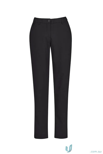 Womens Comfort Waist Slim Leg Pant in black with front button and zipper closure