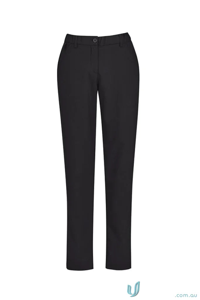 Womens Comfort Waist Slim Leg Pant in black with front button and zipper closure