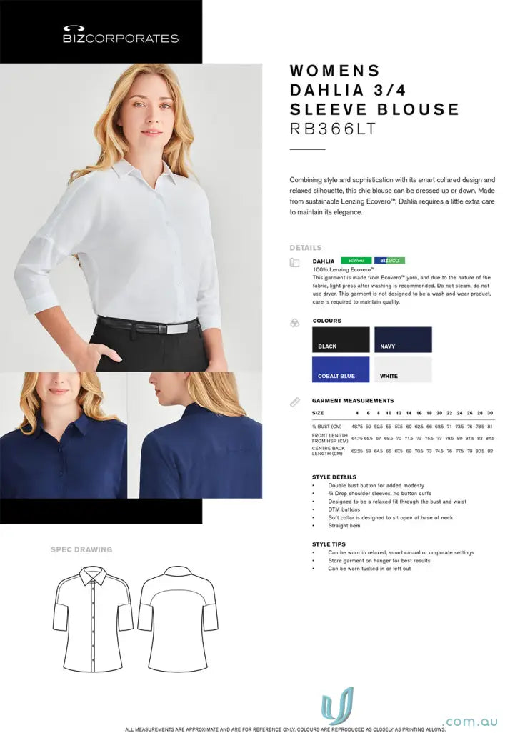 Women’s Dahlia 3Q Sleeve Blouse in stylish women’s dahlia design, style rb366lt