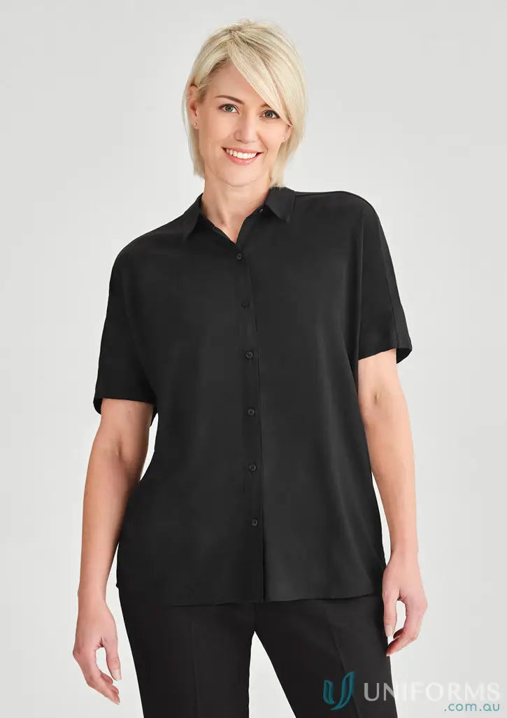 Womens Dahlia Short Sleeve Blouse with black trousers, effortlessly elegant style