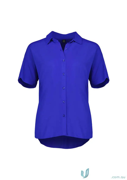 Royal blue Womens Dahlia Short Sleeve Blouse with collared neckline, effortlessly elegant style