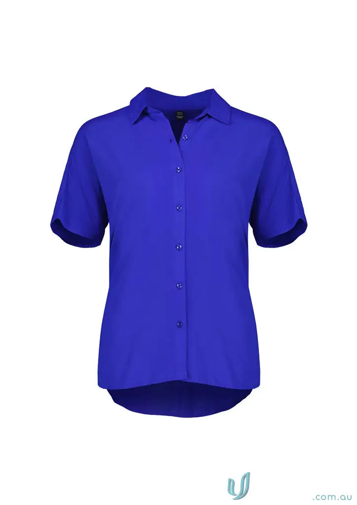 Royal blue Womens Dahlia Short Sleeve Blouse with collared neckline, effortlessly elegant style