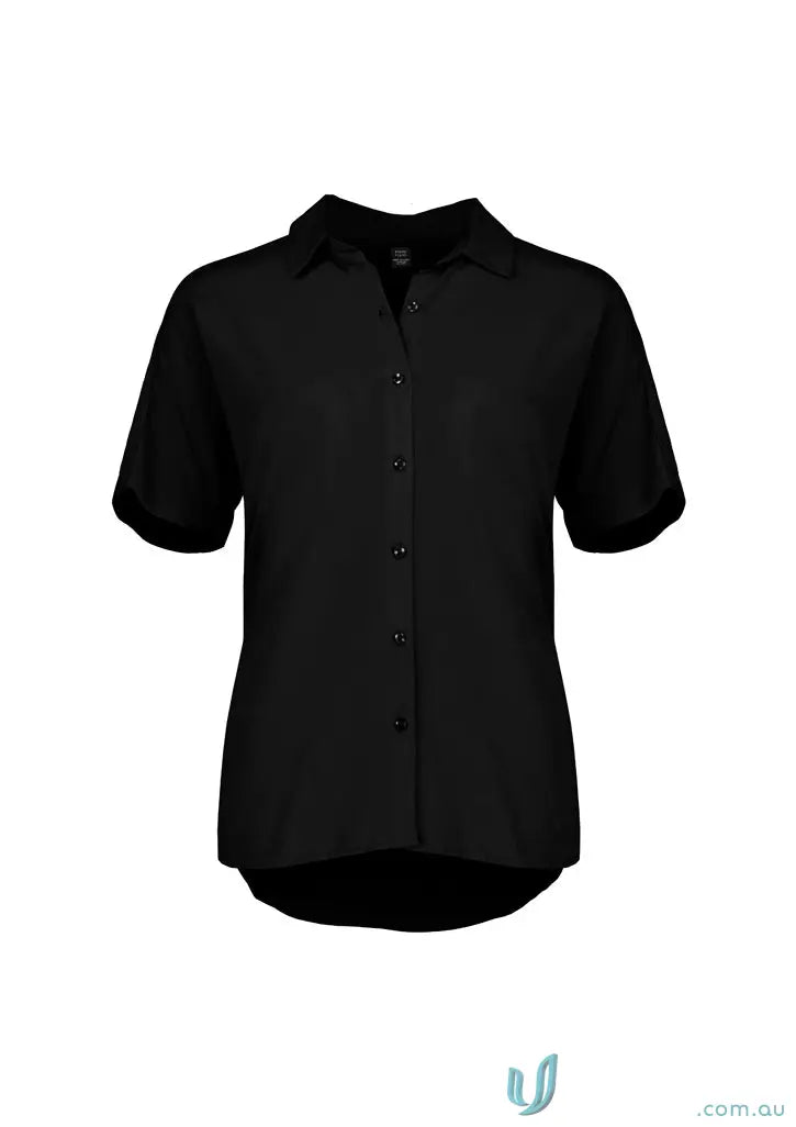 Solid black women’s Dahlia short sleeve blouse with collar and rounded hem, effortlessly elegant