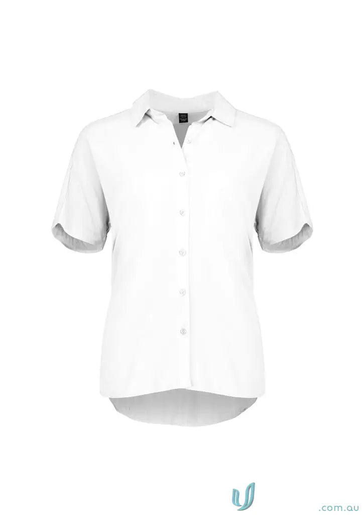 Womens Dahlia Short Sleeve Blouse, effortlessly elegant white collared shirt