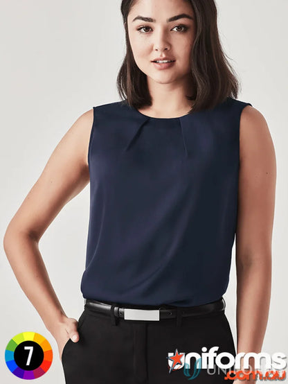 Womens Estelle Pleat Blouse with sleeveless navy design from Biz Collection