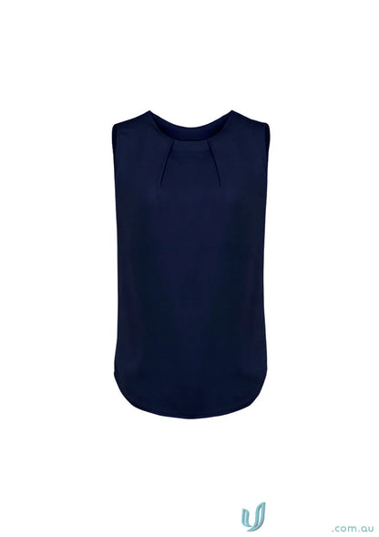 Womens Estelle Pleat Blouse - Estelle Sleeveless Navy Top with Pleated Neckline