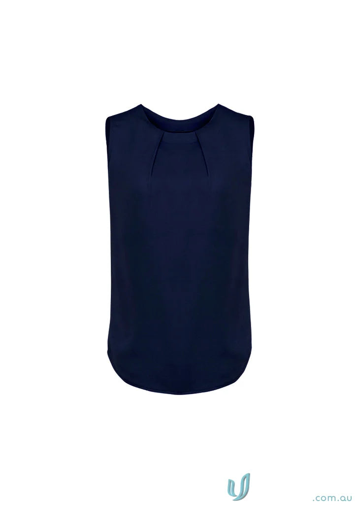 Womens Estelle Pleat Blouse - Estelle Sleeveless Navy Top with Pleated Neckline