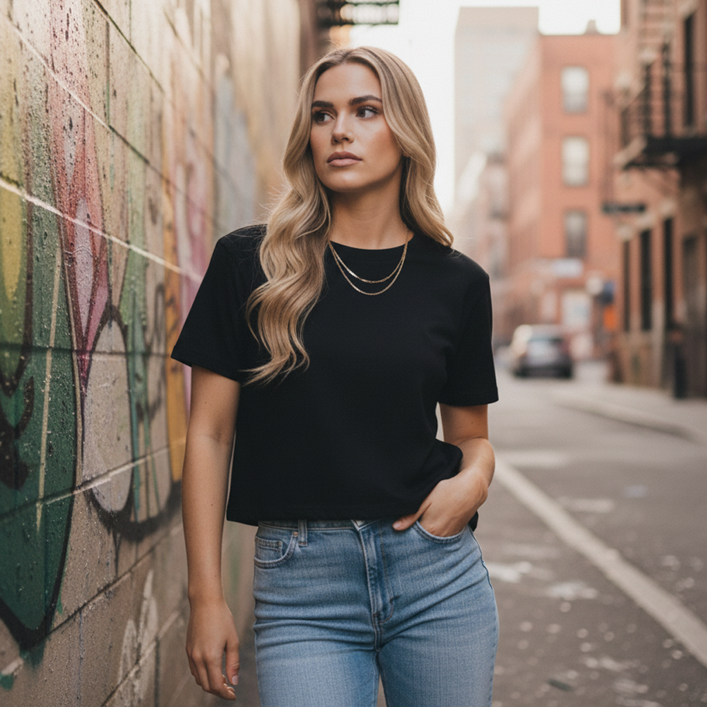 Women’s faded crop tee: black short-sleeved crew neck with light blue jeans