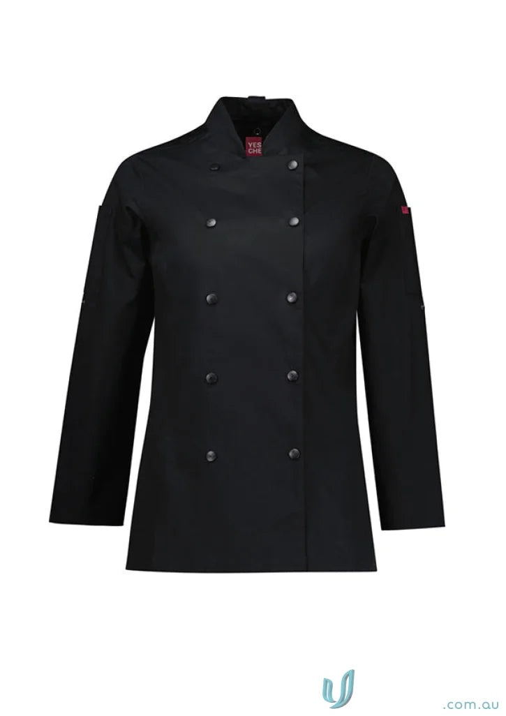 Womens Gusto Long Sleeve Chef Jacket with black double-breasted design perfect for chefs