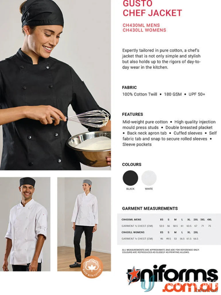 Women’s Gusto Long Sleeve Chef Jacket perfect for stylish chefs and kitchen pros