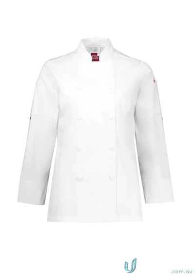 White chef jacket on Womens Gusto Long Sleeve Chef Jacket product page