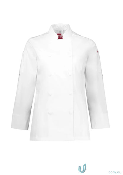 White chef jacket on Womens Gusto Long Sleeve Chef Jacket product page