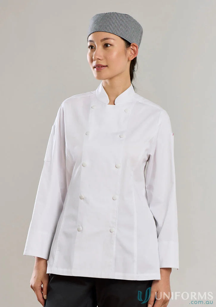 Womens Gusto Long Sleeve Chef Jacket with white design and striped hat for chefs