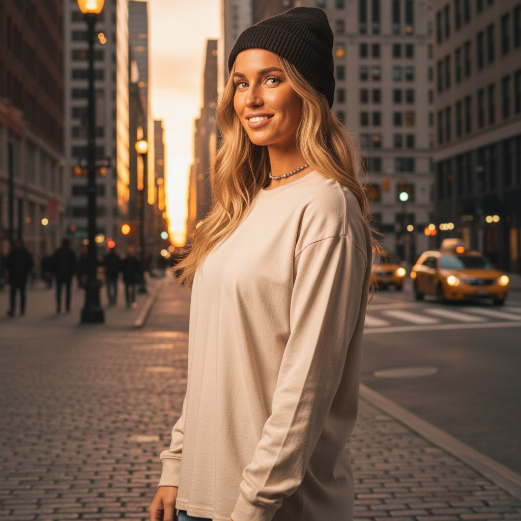 Women’s heavy faded long sleeve tee with black beanie and necklace
