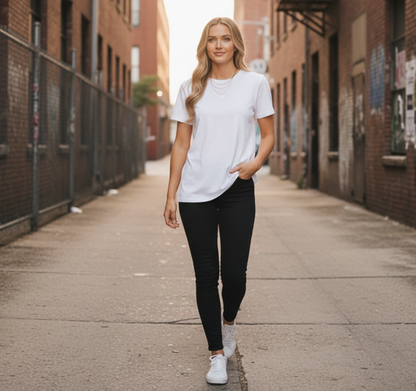 Planett womens heavyweight relaxed t-shirt with black pants and white sneakers