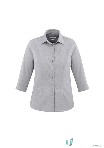Womens Jagger gray button-down shirt with three-quarter sleeves in micro houndstooth fabric