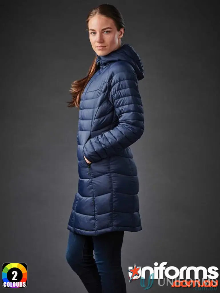 Navy blue quilted women’s Labrador Parka with thermal shell tech and articulated elbows