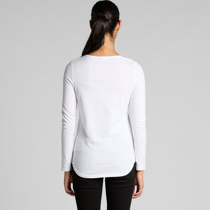 White womens lightweight scoop neck long sleeve tee with ribbed cuffs