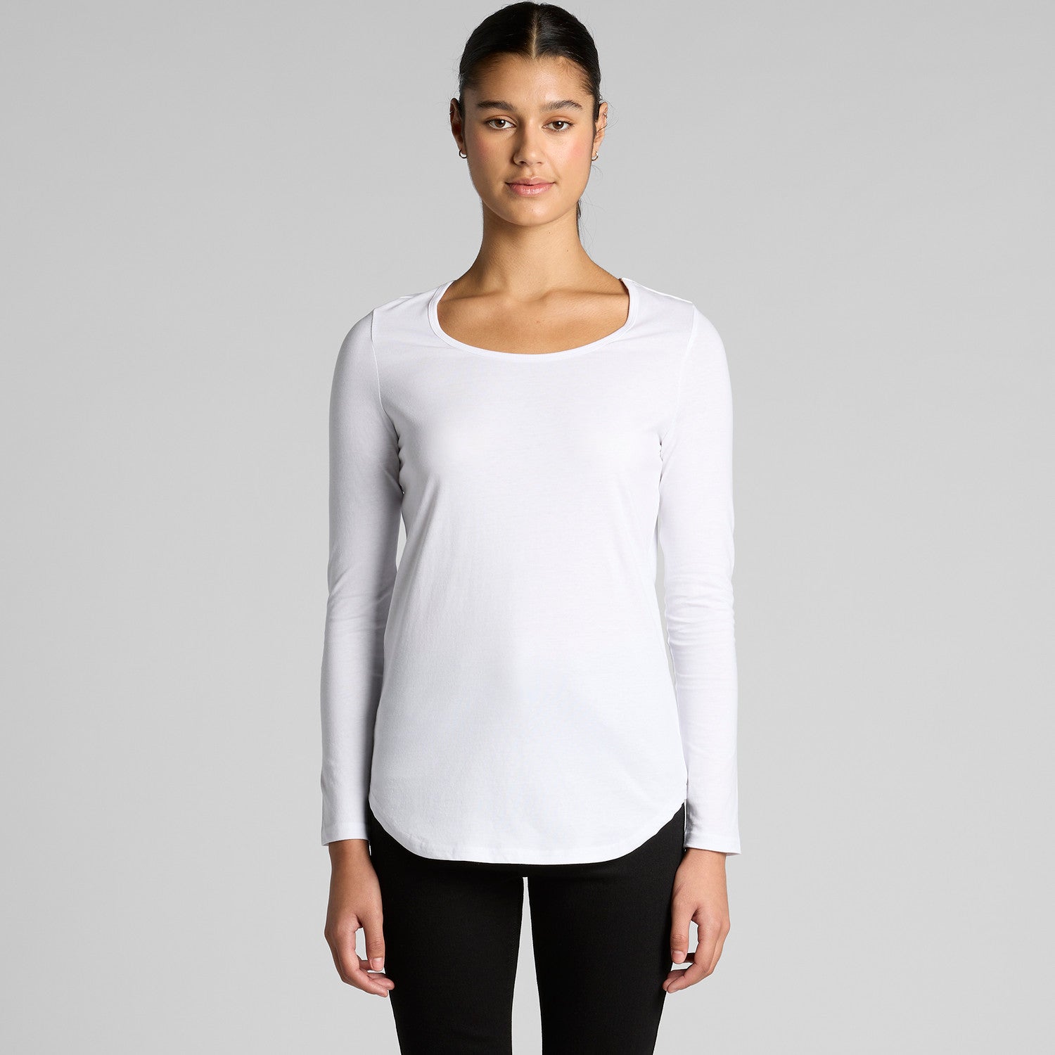 White lightweight scoop neck long sleeve tee with ribbed cuffs