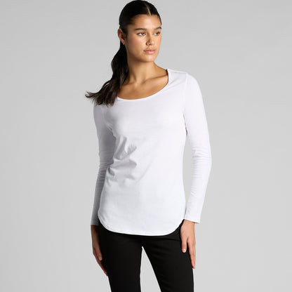 White lightweight scoop neck long-sleeved tee with black leggings