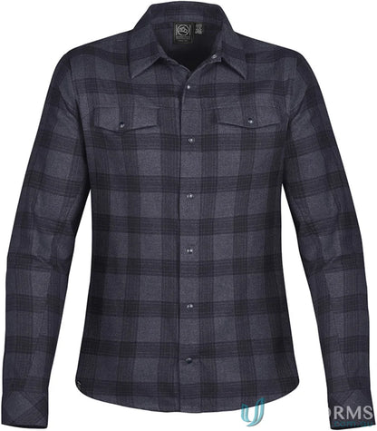 Womens Logan Snap Front Shirt with dark blue black plaid, chest pockets, snap closures