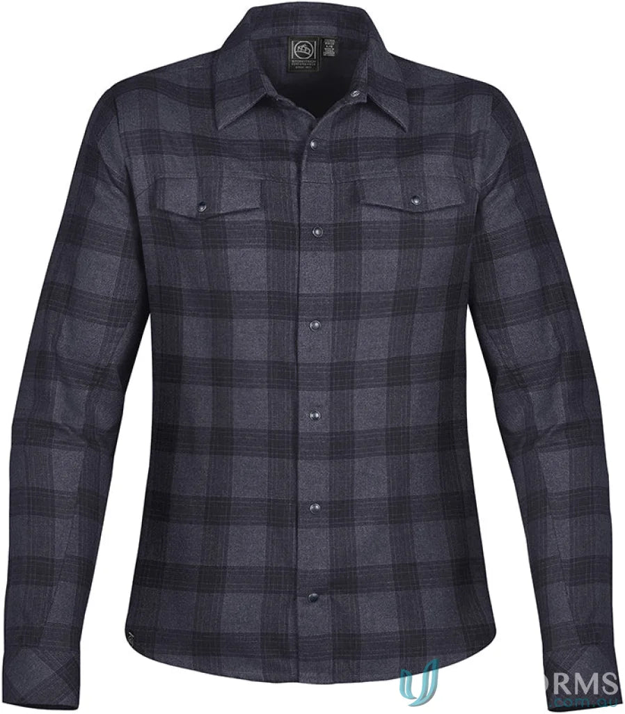 Womens Logan Snap Front Shirt with dark blue black plaid, chest pockets, snap closures