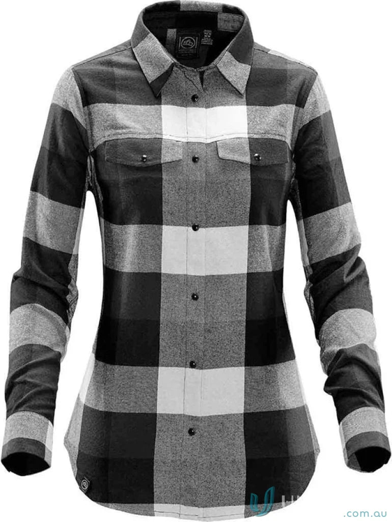 Women’s Logan Snap Front Shirt with chest pockets and snap closures in black and white buffalo check pattern