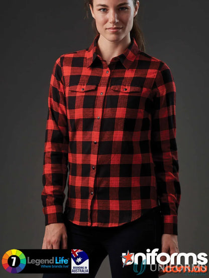 Womens Logan Snap Front Shirt with chest pockets and snap closures in red and black flannel