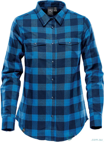 Womens Logan Snap Front Shirt with blue plaid pattern, chest pockets, snap closures