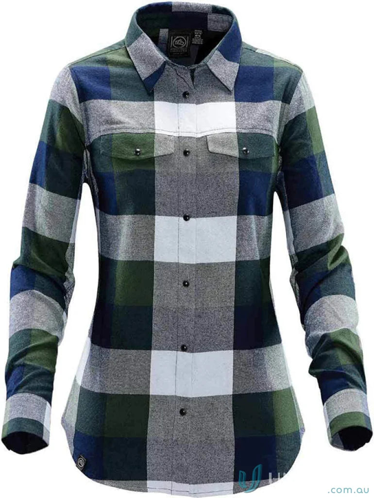 Womens Logan Snap Front Shirt with plaid pattern, chest pockets, and snap closures