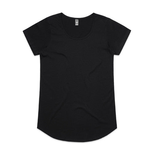 Black longline t-shirt with curved hem and short sleeves.
