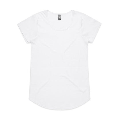 White t-shirt with rounded hem and short sleeves, likely made of cotton or polyester blend.