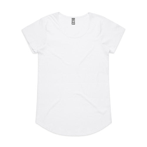 White t-shirt with rounded hem and short sleeves, likely made of cotton or polyester blend.