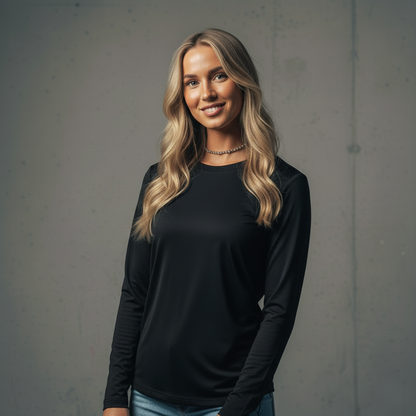 Women’s Maple Active long sleeve tee in black with subtle sheen