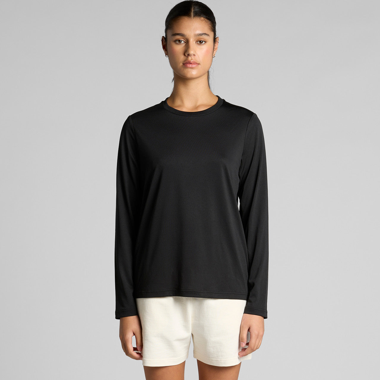 Women’s Maple Active long sleeve tee in black with white shorts