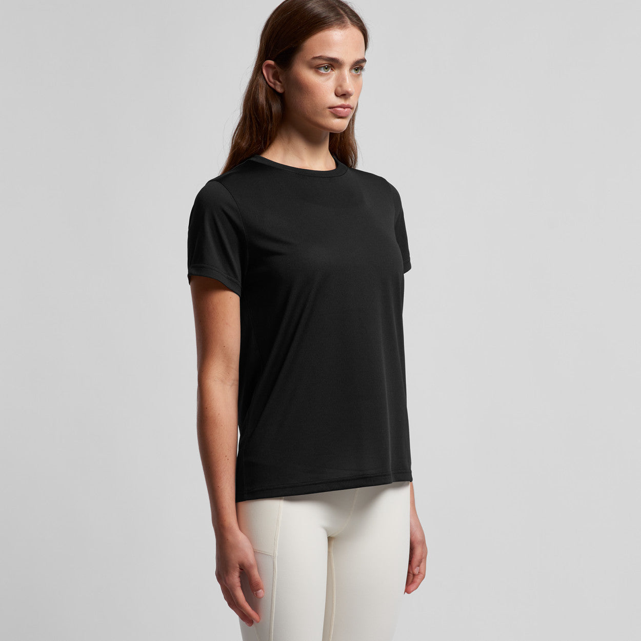 Women’s Maple Active Tee: black cotton short-sleeve crew neck with ribbed cuffs