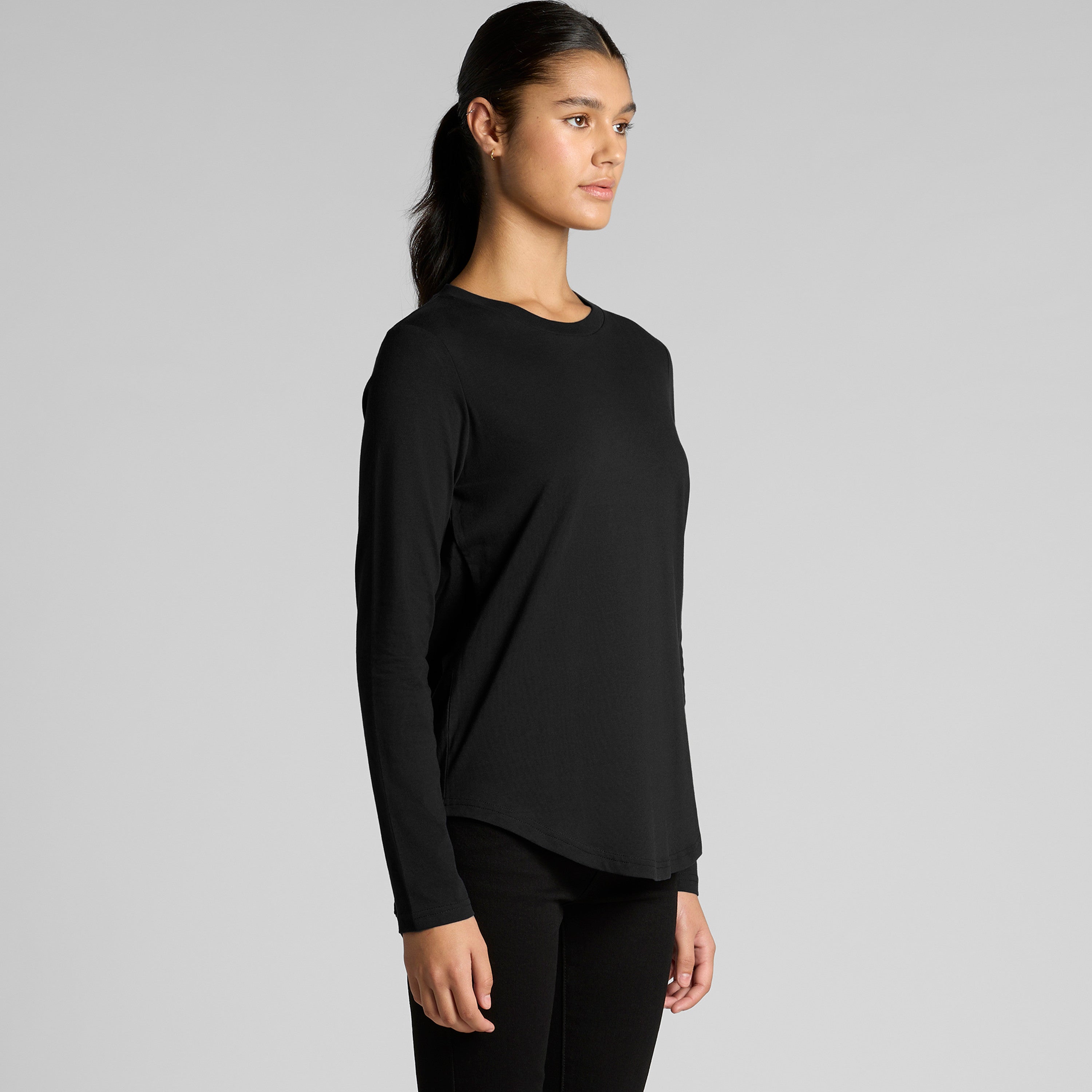 Women’s Maple Curve long sleeve tee in soft black cotton