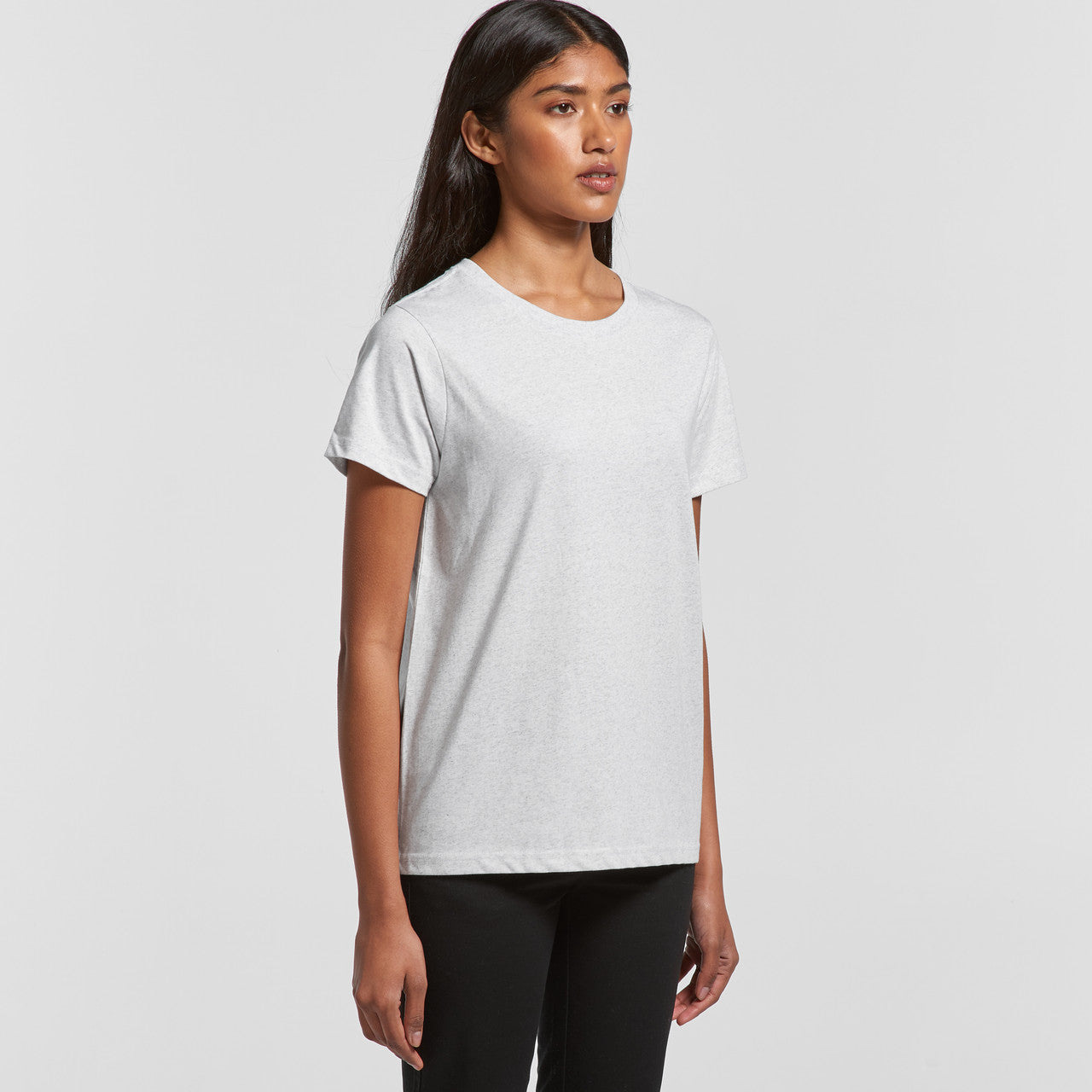 Women’s Maple Marle Tee: white crew neck marle tee with black leggings