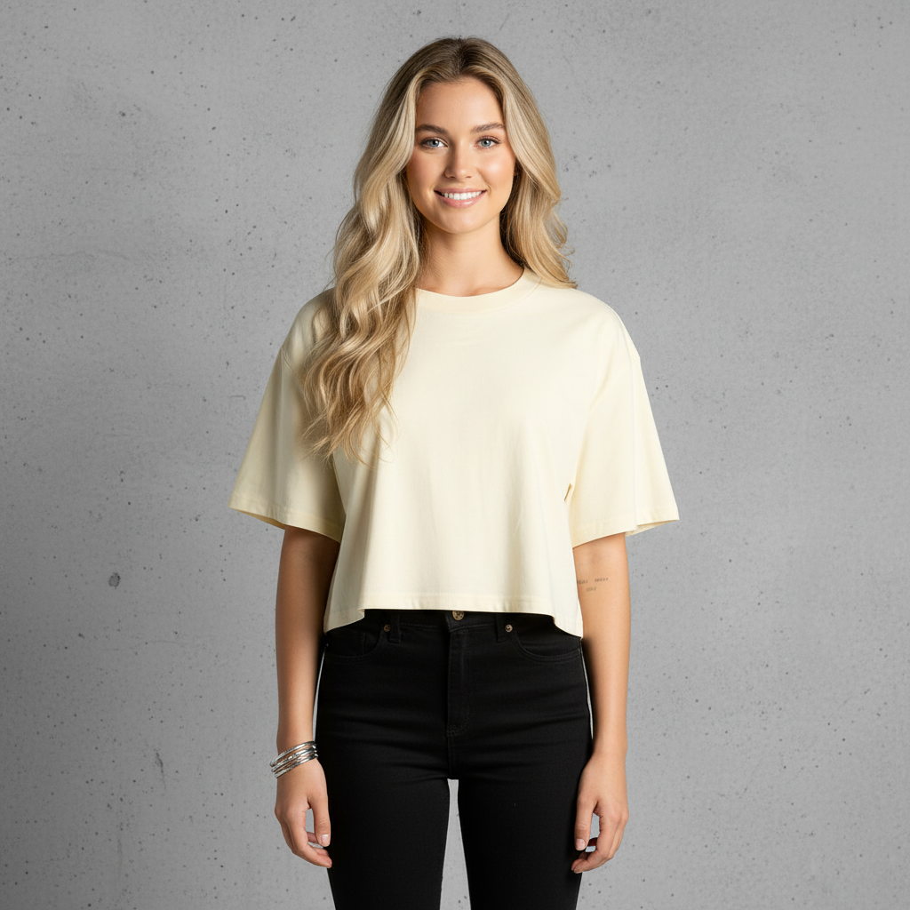 Womens Martina Crop Tee in cream cropped top with flared sleeves and black jeans