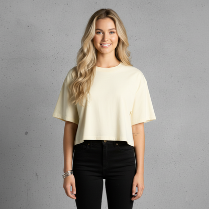 Womens Martina Crop Tee in cream cropped top with flared sleeves and black jeans